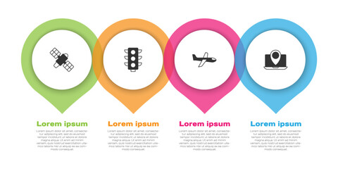 Set Satellite, Traffic light, Plane and Laptop with location marker. Business infographic template. Vector