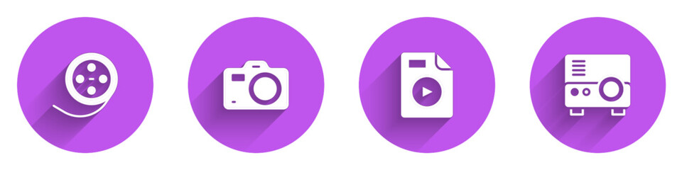 Set Film reel, Photo camera, AVI file document and Media projector icon with long shadow. Vector