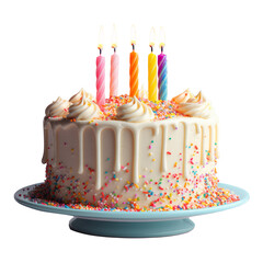 Birthday cake with lit candles on a white background. Generative AI