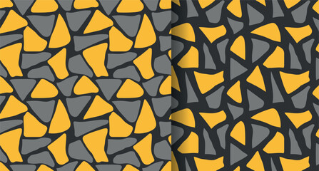 yellow and grey crooked figures on black seamless pattern set 