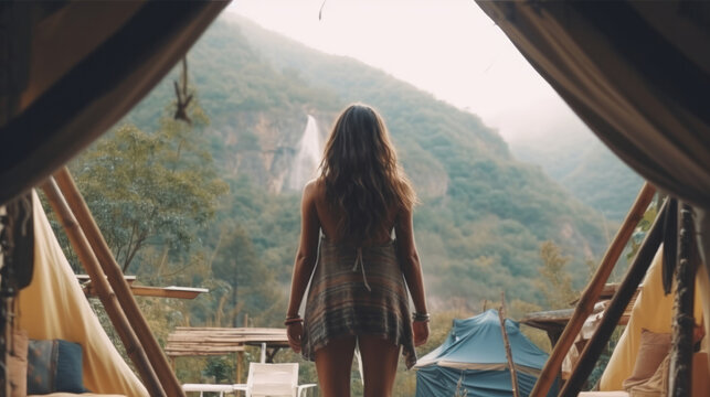  Girl travels through the mountains glamping. Illustration AI Generative.