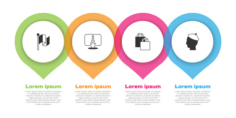 Set Flag France, Eiffel tower, Paper shopping bag and French man. Business infographic template. Vector