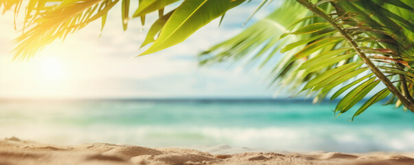 Tropical sea sandy beach sun shines to ocean background, palm on side. Summer background mockup for product placement. Generative AI