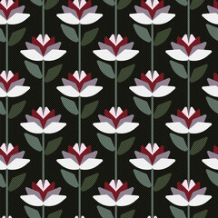 Stylized floral pattern on a black background. Retro style striped flowers. Vector illustration. Seamless repeating pattern.  Graphic textile texture. Vector illustration.