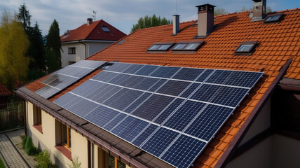 Solar panels equipment mounted on building roof. Clean ecological electricity production, renewable energy concept.