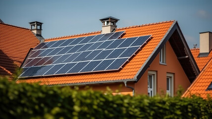 Fototapeta premium Solar panels equipment mounted on building roof. Clean ecological electricity production, renewable energy concept.
