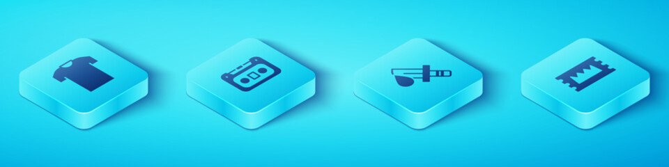 Set Isometric T-shirt, Retro audio cassette tape, Concert ticket and Bloody knife icon. Vector