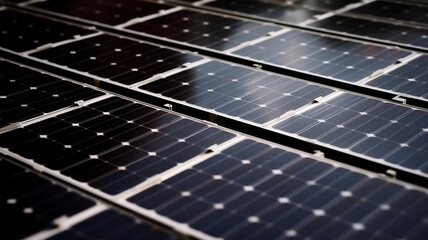 Solar power plant panel close-up view background. Electric solar battery station panels cells. Clean ecological electricity production, renewable energy concept.