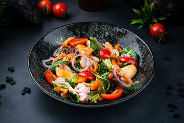 Fresh meat salad with chicken slices, potatoes, onion, honey mushrooms, arugula, lettuce and cherry tomatoes.