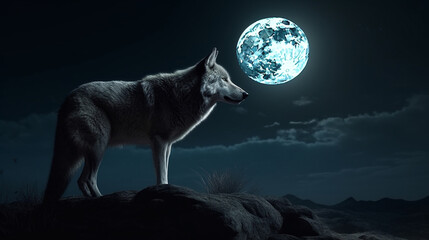 Wolf in the forest at night with full moon. generative ai