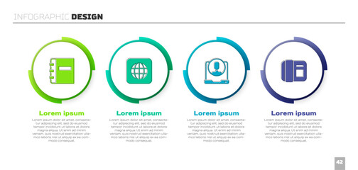 Set Notebook, Worldwide, Telephone 24 hours support and handset. Business infographic template. Vector