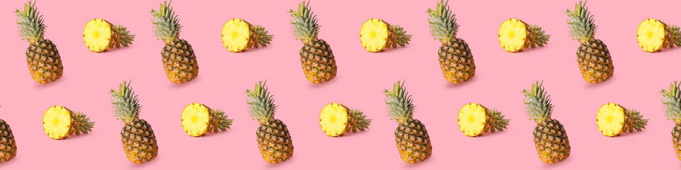 Many ripe pineapples on pink background. Pattern for design