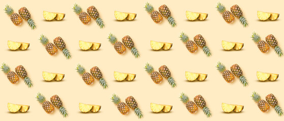 Many ripe pineapples on beige background. Pattern for design