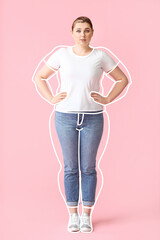 Young woman after weight loss on pink background