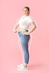 Happy  young woman after weight loss on pink background