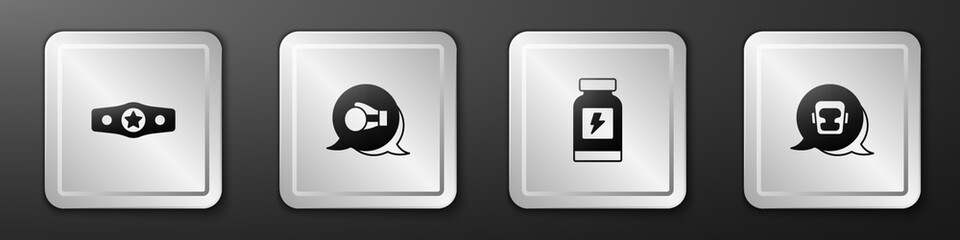 Set Boxing belt, glove, Energy drink and helmet icon. Silver square button. Vector