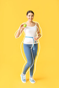 Beautiful Young Woman After Weight Loss With Apple And Measuring Tape On Yellow Background