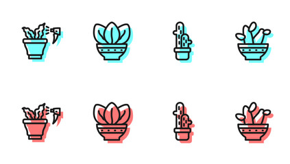 Set line Cactus peyote in pot, Spraying plant, Plant and icon. Vector