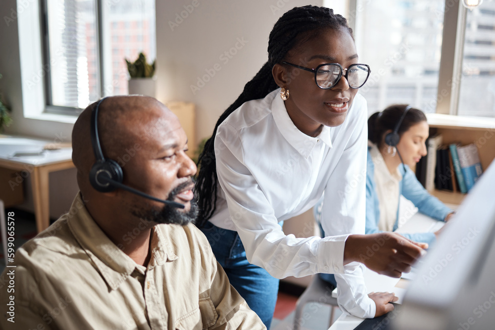 Poster a deeper understanding connects us. a businessman and businesswoman using a headset and computer whi