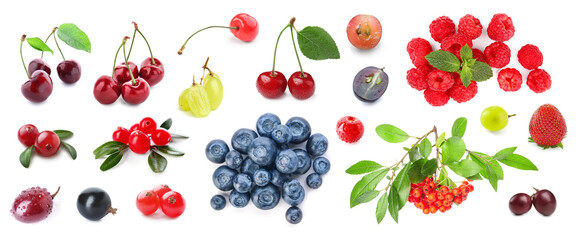 Set of different fresh berries on white background