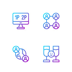 Set line Friends drinking alcohol, BFF or best friends forever, Computer monitor screen and . Gradient color icons. Vector