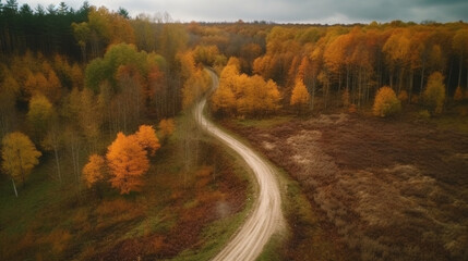 Naklejka premium Aerial view of winding road in autumn forest.generative ai