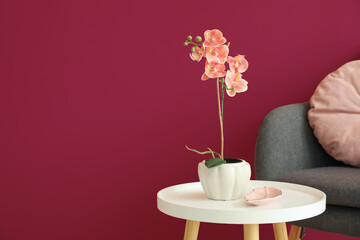 Obraz na płótnie Canvas Orchid flower on table and armchair near pink wall