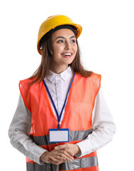 Female worker in vest and hardhat on white background