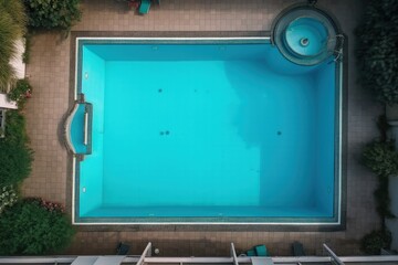 an overhead view of a swimming pool with lounge chairs, generative AI