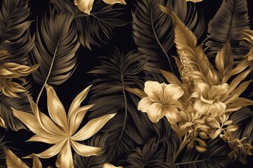 a black and gold floral wallpaper with leaves and flowers, generative AI