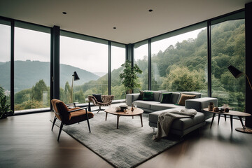 cozy, contemporary living room inside a villa, featuring large floor-to-ceiling windows, a view of lush green mountains, Danish-style furniture, and a bright interior.