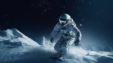 Fototapeta na wymiar Astronaut in space suit and helmet on snowboard. generative ai