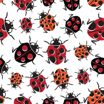 Orange, black, and red ladybirds and ladybugs on a white background. Seamless repeating pattern. Vector illustration for textile, wrapping, and packaging.