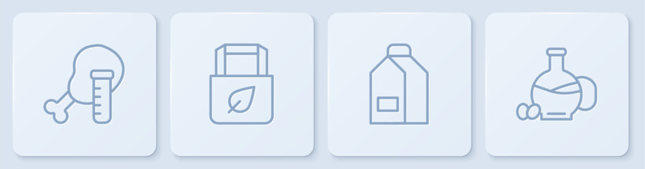 Set line Genetically modified chicken, Paper package for milk, Shopping bag with recycle and Bottle of olive oil. White square button. Vector