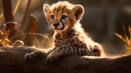 Cheetah cub sits on a log in the sunset light.generative ai