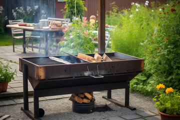 preparation for barbecue in summer on open fire backyard grill (generative AI)