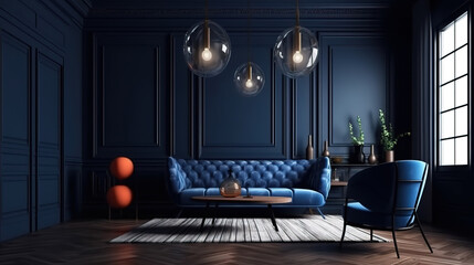 Dark blue home interior with old retro furniture, hipster style. Generative Ai