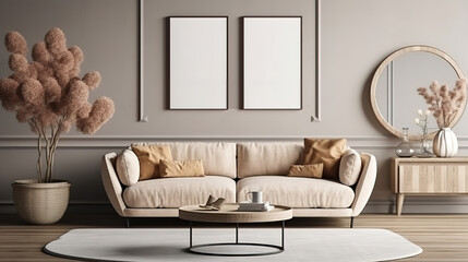 Frame mockup in home interior, living room in neutral colors with sofa. Generative Ai