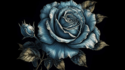 Blue rose isolated on black background. Hand drawn illustration.generative ai