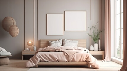 Fototapeta na wymiar Mock up frame in cozy home interior background, coastal style bedroom. Generative Ai
