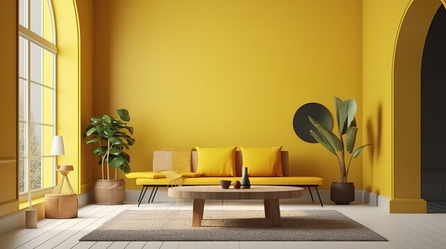Yellow living room interior with free space. Generative Ai