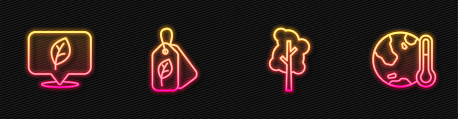 Set line Tree, Location with leaf, Tag and Earth melting to global warming. Glowing neon icon. Vector