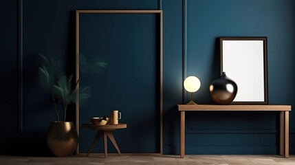 Poster mockup with vertical frame on empty dark blue wall in bedroom interior. Generative Ai