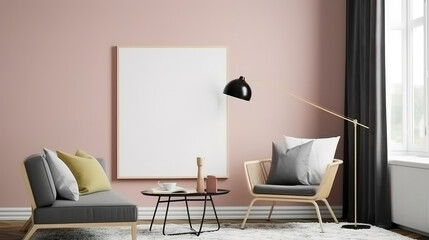 Mockup frame in Scandinavian living room interior background, wall mockup. Generative Ai