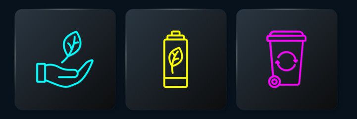 Set line Leaf in hand, Recycle bin and Eco nature leaf battery. Black square button. Vector