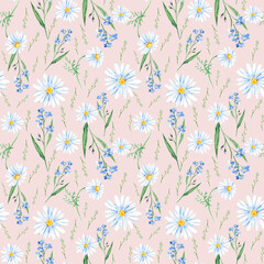 Seamless watercolor pattern with wildflowers, forget-me-not, camomile on pink background. Can be used for fabric prints, gift wrapping paper, kitchen textile.