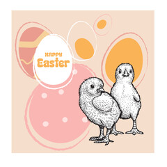 Easter design template. Hand drawn sketch style new born baby chickens among easter eggs. Spring time vector illustration.