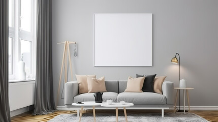 Mock up poster frame in boho interior background wooden living room design. Generative Ai