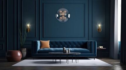 Modern home interior mock-up with dark blue sofa, table and decor in living room. Generative Ai