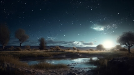 Naklejka premium Fantasy landscape with meadow and trees at night.generative ai